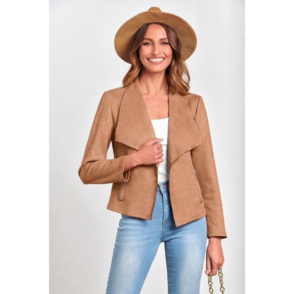 Women's Camel PRETTYGARDEN Faux Suede Jackets Fashion Fall Clothes Long Sleeve - Picture 9 of 9